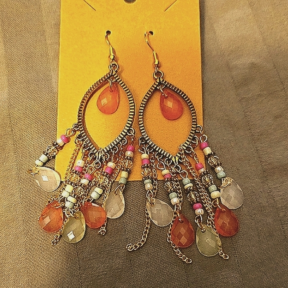 Elegant Gold and Multicolor Beaded Dangle Earrings